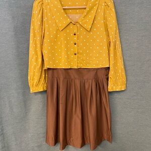 Jaspal Yellow Polka Dot Blouse and Brown Skirt Set Size Large Tank undershirt